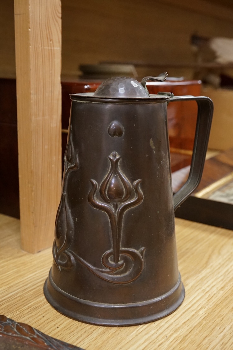 Sundry items comprising, Victorian walnut tea caddy, Arts and Crafts jug and Japanese antimony crumb scoop and tray, largest 32cm wide